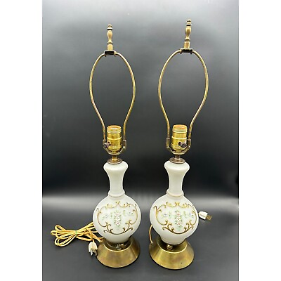 #ad Vintage Lamps Satin Glass Brass Pair Raised Flowers Gold Accent Table Bedside $135.20