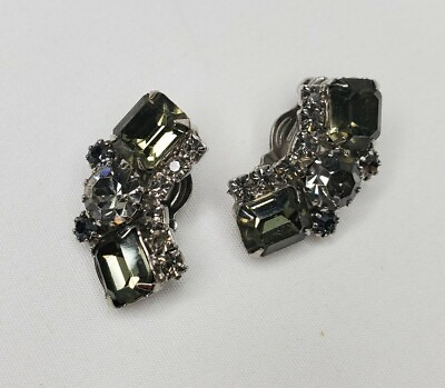 #ad Vintage Weiss Earrings Smoke Gray Rhinestone Clip On Silver Tone Signed $40.38
