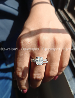 #ad Moissanite Bridal Set Engagement Ring Solid 14K White Cushion Cut 2.50 CT VVS1 $223.04