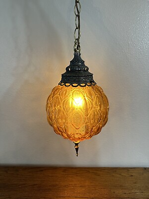 #ad Vintage Amber Orange Swag Lamp Hanging Retro Hollywood Regency Antique Light $300.00