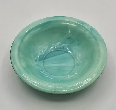 #ad Slag Glass Trinket Dish Blue Green Swirl Small Bowl 5” Rose Band on Outside Avon $9.99