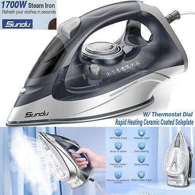 #ad 1700W Steam Iron for Clothes w Rapid Heating Ceramic Coated Soleplate Auto Off $37.99