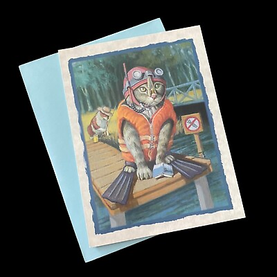 #ad THE DIVER Bryan Moon© Vintage Leanin#x27; Tree Greeting Card amp; Envelope Cat Snorkel $3.75