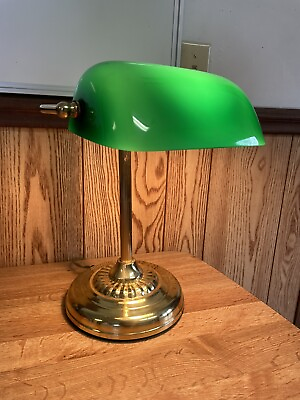 #ad Bankers Desk Lamp Brass Green Shade *WORKS * $28.00