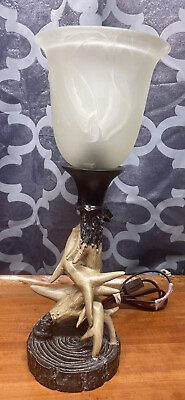 #ad Resin Deer Antler Table Lamp 16quot; Tall with Glass Sconce Hunting Cabin Theme $49.99