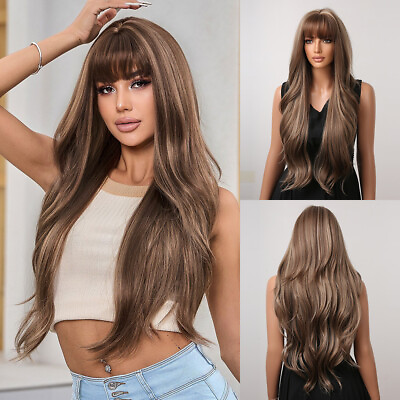#ad 26 Inch Brown Mix Highlights Blonde Long Wave Hair Wigs with Bangs for Women US $17.99