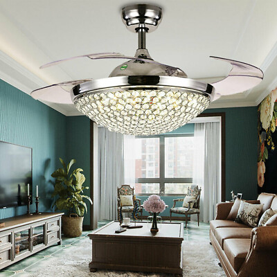 #ad 42quot; Crystal Ceiling Fan Chandelier Led Light Retractable Blades Remote Control $98.80