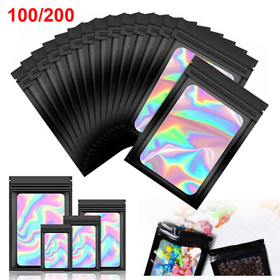 #ad 100 200 Smell Proof Mylar Bags Holographic Resealable Ziplock Foil Pouches Black $24.36