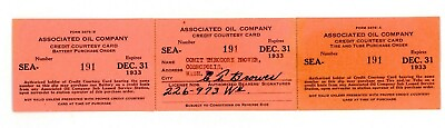 #ad Vintage Associated Oil Company 3 Part Credit Courtesy Card SEA 191 1933 $100.00