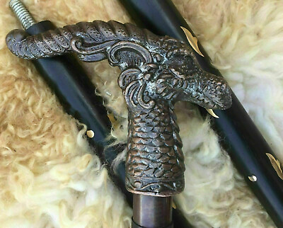 #ad Vintage Walking Stick Dragon Head Handle Black Wooden Cane Stick Antique Gifts $30.34