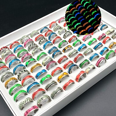 #ad Wholesale 100 Colorful Luminous Mixed Rings Bulk Stainless Steel Band Finger Lot $28.40