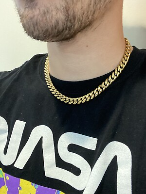 #ad Miami Cuban Link Chain 14k Gold Plated Stainless Mens Hip Hop Choker Necklace $40.31