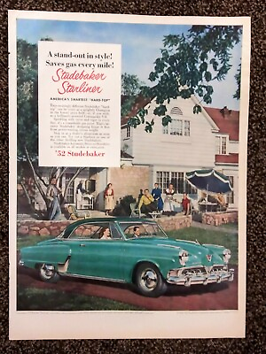 #ad Vintage Studebaker print ad. 1952 Commander Starliner hardtop. Green car $8.99