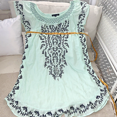 #ad Saks Fifth Avenue Cotton Sundress Sea Foam Green Embroidered Summer Tank Dress M $27.00