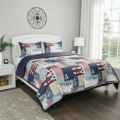 #ad Patchwork Nautical Americana Quilted Blanket Colorful Bedspread Twin Queen King $36.99