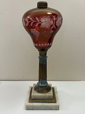 #ad Antique Vintage Bohemian Red Etched Glass Grapes Ivy Table Oil Lamp Base 15quot; $95.99