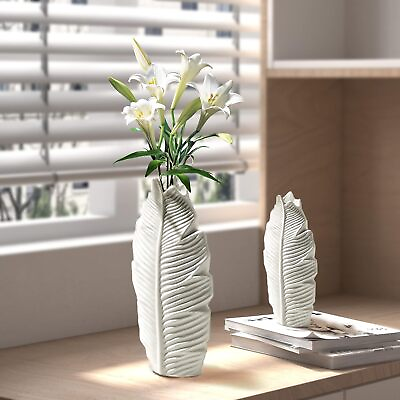 #ad Set 2 Vase Ceramic Modern Leaf Home Decor White Floral Medium Matte Free Stand $75.00