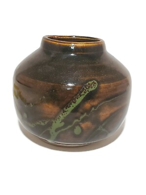 #ad Vintage Pottery Vase Asian Oriental Salt Glazed Green Stoneware Handmade 6quot;x5quot; $23.88