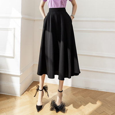 #ad Women A line High Waist Midi Skirt Pockets Pleated Swing Office Loose Work Skirt $32.79