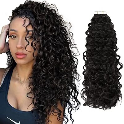 #ad Black Tape in Hair Extensions Human Hair 16 Inch Jerry Curly Tape in $62.24