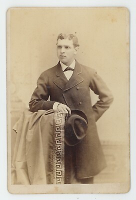 #ad Antique Circa 1880s Cabinet Card Handsome Man Holding Hat Hargrave Brooklyn NY $12.99