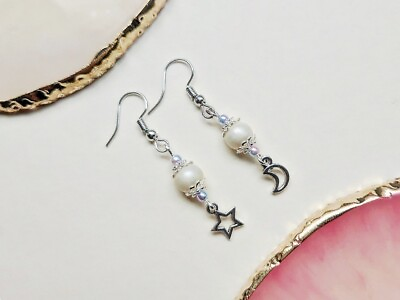 #ad Moon amp; Star Earrings Charm Earrings Love Romantic Celestial Statement Pearl Bead $19.99
