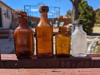 #ad 1930#x27;s 1940#x27;s Antique Bottle Lot Amber Brown Clear Medicine Bottles Original Cap $13.00