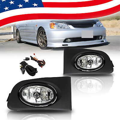 #ad Fit 2001 2002 2003 Honda Civic Front Bumper Clear Fog Lights Lamps w Wiring Pair $35.99