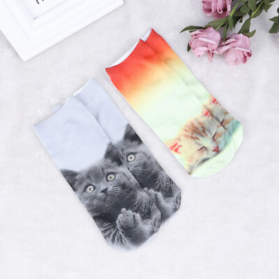 #ad 2 Pairs 3D Printing Cat Low Cut Ankle Socks Gift for Christmas Birthday $8.55
