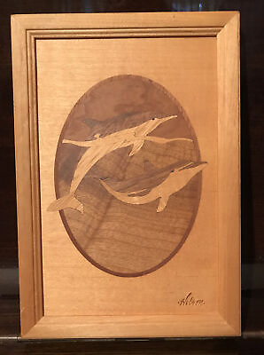#ad Vintage Marquetry Hudson River Wood Inlay Dolphins Artist Nelson $8.09