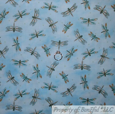 #ad BonEful Fabric FQ Cotton Quilt VTG Blue White Cloud Sky Dragonfly Wing Polka Dot $4.20
