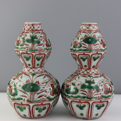 #ad Porcelain Yuan Red Green Color Mandarin Duck 鸳鸯 Octahedral Gourd Vase A Pair 8.6 $360.00