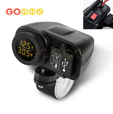 #ad Yellow LED 12V Motorcycle USB Charger 2.1A2.1A w Digital Voltmeter Thermometer $9.45