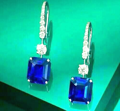 #ad 4Ct Emerald Diamond amp; Blue Sapphire Drop amp; Dangle Earrings 14K White Gold Plated $149.99