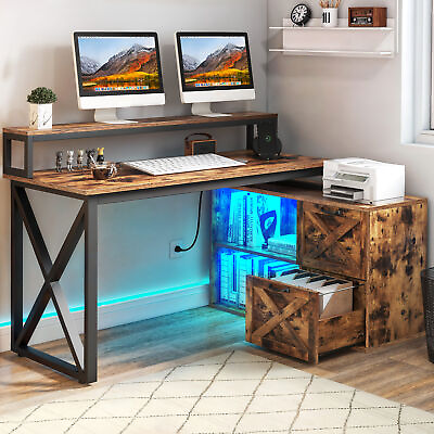 #ad L Shaped Desk with Power Outlet amp; LED Light 55quot; Corner Computer Desk with Drawer $179.99