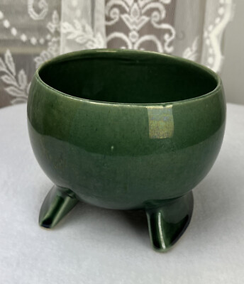 #ad Vintage Mid Century Modern Green Glazed Footed Sphere Round Pottery Planted $45.00