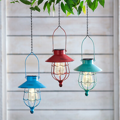 #ad Hanging Solar LED Caged Lantern Light Rustic Distressed Finish Outdoor Lighting $17.54