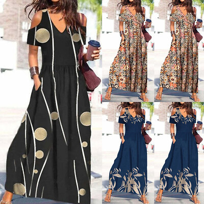 #ad Womens Boho Long Maxi Dress Cold Shoulder Holiday Beach Summer Kaftan Sundress $24.69