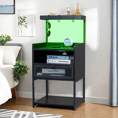 #ad Single Black Nightstand w 1 Drawer amp; RGB Charging Station amp; USB Bedside Table $98.95