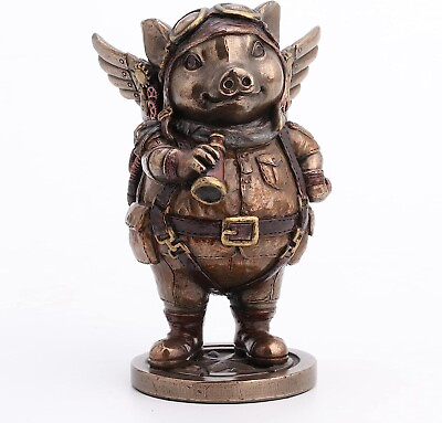 #ad Stunning Cold Cast Bronze Steampunk Aviator Flying Piggy Figurine $44.55