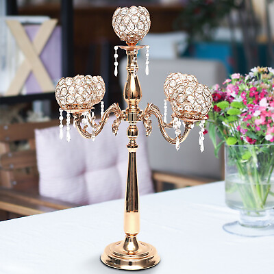 #ad 75CM 5Arm Glass Crystal Gold Candelabra Votive Candle Holder Wedding Table Decor $38.96