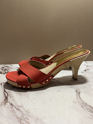 #ad Michael Kors Women#x27;s Kors Orange Wooden Heel Strappy Sandals Size 9.5 Studded $39.00