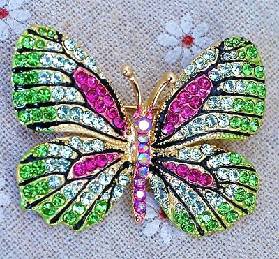 #ad High Style BUTTERFLY Rhinestone Green Pink Vintage Inspired Style Brooch $11.99