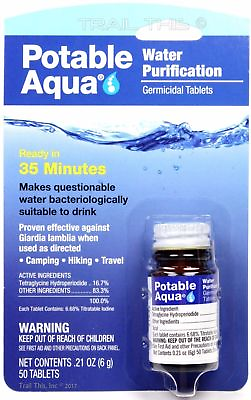 #ad Potable Aqua Iodine Germicidal Water Purification 50 Tablets Bottle Camp Hike $10.85