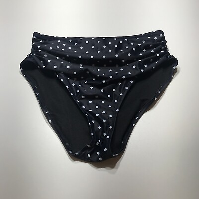 #ad NEW Black White Polka Dot Swimwear Bottoms High Waisted Ruched Womens Size Large $12.99