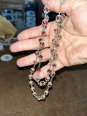 #ad Vintage ART DECO Red Garnet Glass Long Necklace Ornate Silver Filigree $85.00