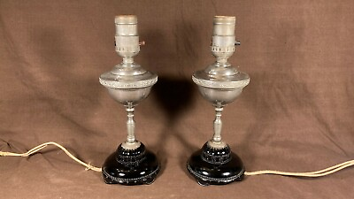 #ad Antique Pair of Nickle and Glass Boudoir Table Lamp Set $149.95