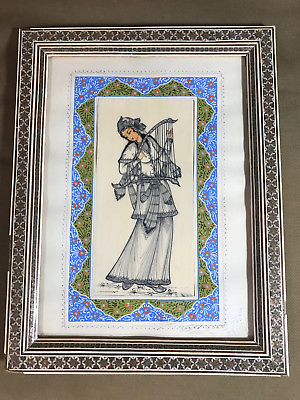 #ad Antique quot;Woman With Harp Scenequot; Ink And Watercolor Painting Inlaid Bone Frame $158.00