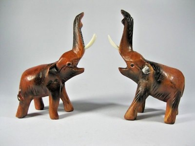 #ad Pair Wooden Elephant Trunk Up Sculpture Hand Wood Carved Home Decor Collection $27.95