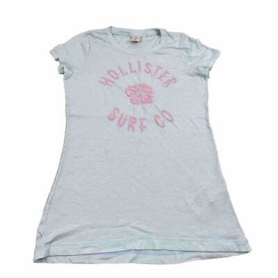 #ad Hollister Womens Teal Blue Short Sleeve T Shirt Small Logo Flower Embroidered $6.99